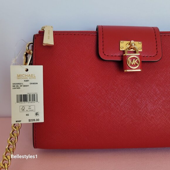 MICHAEL KORS Ruby Small Double-Zip Saffiano Leather Crossbody Bag- Crimson ⭐ - Picture 15 of 16